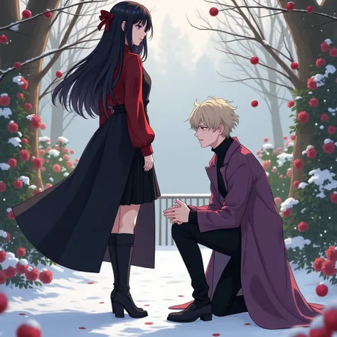  Creates an image of two people ,  An attractive young creamy white complexion ,  purple eyes like amethyst ,  long black hair with bangs in a tall elegant bow,  dressed in a skirt above the knee in black , red silk shirt , black boots,  gabardine long bla...