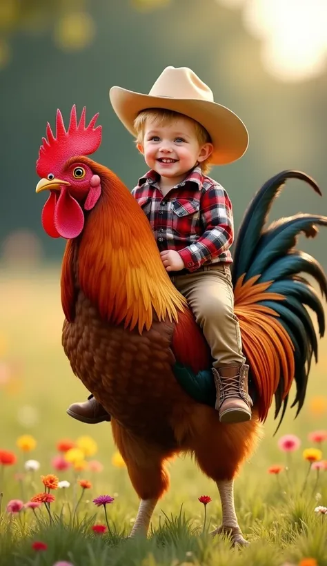 "An ultra realistic image of a baby up to cow years old riding on the back of a large, colorful rooster ,  with bright feathers in shades of red , orange and gold. the baby, with blonde hair and big, cute eyes,  is dressed in a detailed cowboy outfit ,  co...