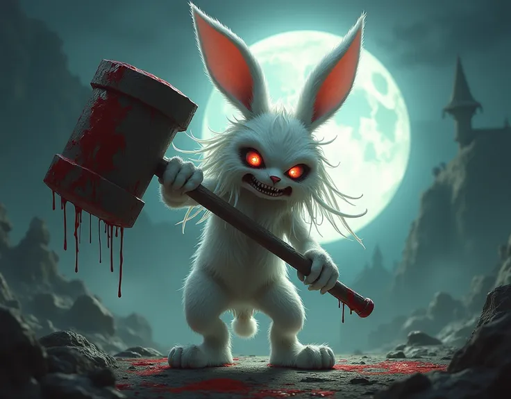 a rabbit furry with long white hair and a head with rabbit ears, an insane sadistic look, holding a large hammer with both hands, covered in blood and a full moon in the background, fantasy art, epic fantasy character art, concept art