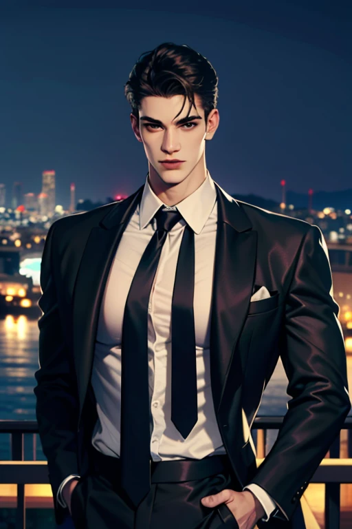 (absurdres, highres, ultra detailed, realistic, ), 1 male, solo, adult, mature, tall muscular guy, broad shoulders, handsome, very short hair, black hair, brown eyes, angular jaw, thick neck, thick eyebrows, night, dark, the night view of the city backgrou...