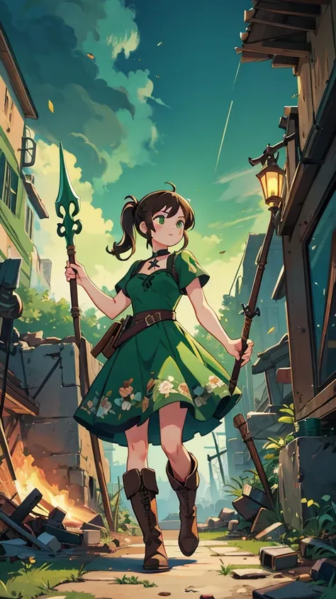 1 adult woman in ruins, firm metal spear in hand, long black ponytail, medium breasts, green eyes, floral green sundress, brown boots