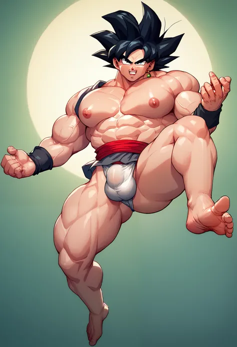 Muscular Goku black  ,  naked with a white fundoshi , bulge.  full body, challenging look .  huge pectorals ,  round nipples and bright pink. raised muscular arms  ,  Black hair . raised in the air . he is barefoot,  perfect and large detailed feet.  Goku ...