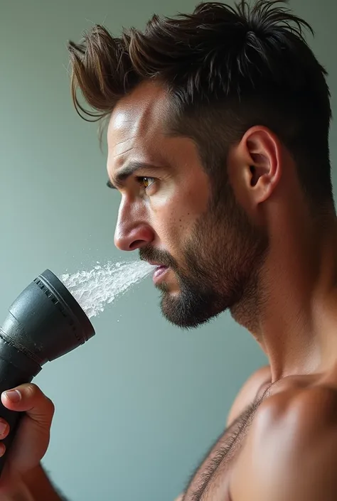  A handsome man in profile holding a hose pointed at his face ,spraying white water on his face 