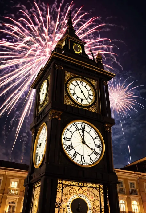  New Years celebration ,  Fireworks in the night sky, Giant clock marking 12 oclock,