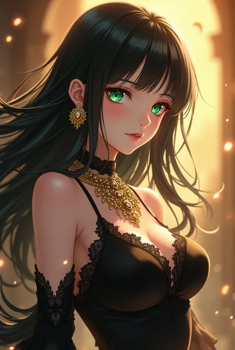 Highest quality, anime girl, black hair, intense gaze, green eyes, gorgeous gold European jewelry, magic, black lace dress, smirking expression, gold lighting background, pale skin