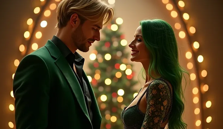 handsome cool character, a tall man with golden-haired, dressed in a green suit. He languidly looks at a woman with long green hair, dressed in a dark green snakeskin dress. Christmas tree and lighting in the background. The sleek, stylized poster depicts ...