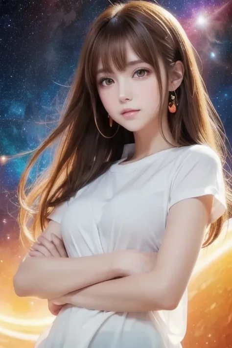  girl ,  brown hair,  orange eyes ,  arm-crossed, In the middle of the universe, (( anime style )),  white shirt, Gentle colors,  colorful background, Space Background,  soft strokes