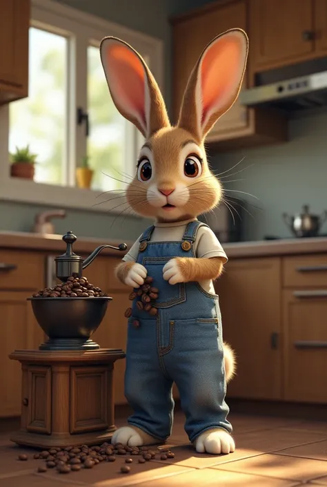 Rabbit in jeans putting coffee in the grinder