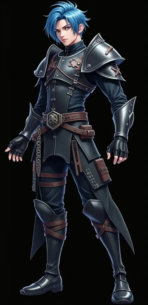 Very realistic illustration of a young man with blue hair in an uproar with a **medieval style armor **. the vestimenta es predominantemente negra y está compuesta por varias piezas de cuero y tela. the ** leather jacket**  is tight and is adorned with mul...