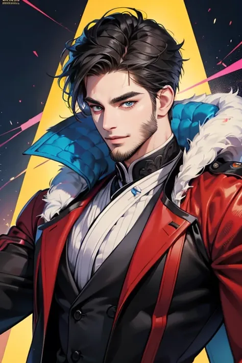 a handsome 30 year old man with 3 day beard, dark hair, sharp jawline, mesmerizing eyes, perfectly styled hair, wearing a cool anime outfit, confident expression, vibrant colors, dynamic lighting, CEO expression smile in love, 8k, high quality, photorealis...