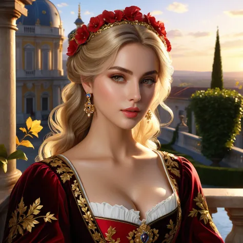 Sunset, Balcony of the Baroque palace, garden in the background, Blonde Hair, Hazel Eyes, Lavish Ruby Renaissance dress decorated with golden flowers and leafes, Baroque Beauty, Natural Beauty, belladonna, shadowed cell, cell saded, dynamic lighting, DDIM,...