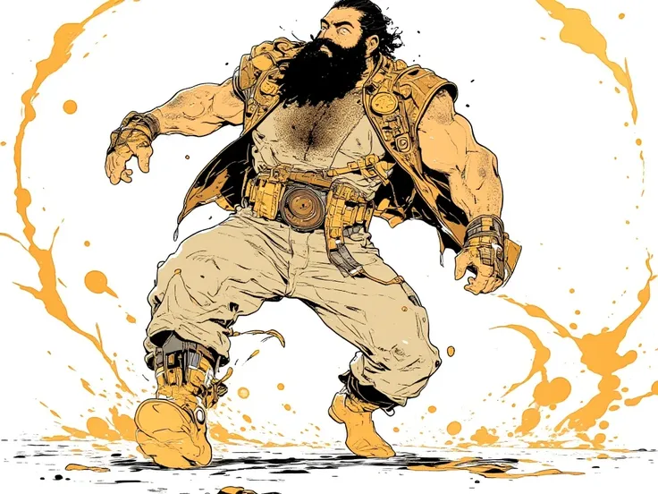  A sturdy bearded man with a black beard of presence dances brilliantly barefoot, Millerball ,  Im falling to the ground , poster art,  Silkscreen poster , arte de Marvel and DC comics style , Graphic details, Promotional Art, poster illustration, illustra...