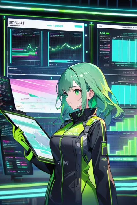 Design a futuristic anime-style female news anchor representing trading fundamentals and the AMELIA indicator. The character has vibrant green hair with mint green highlights, symbolizing innovation and growth. She exudes professionalism with a confident a...