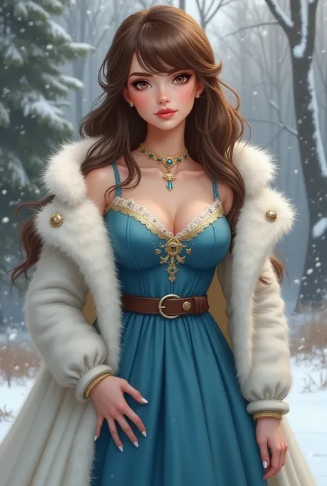 A beautiful painting-style and anime-style woman with long brown hair and brown eyes wearing a medieval style blue gown dress and a beautiful white fur winter coat. She has a fringe. She has a robust body and big breasts. She has white skin.