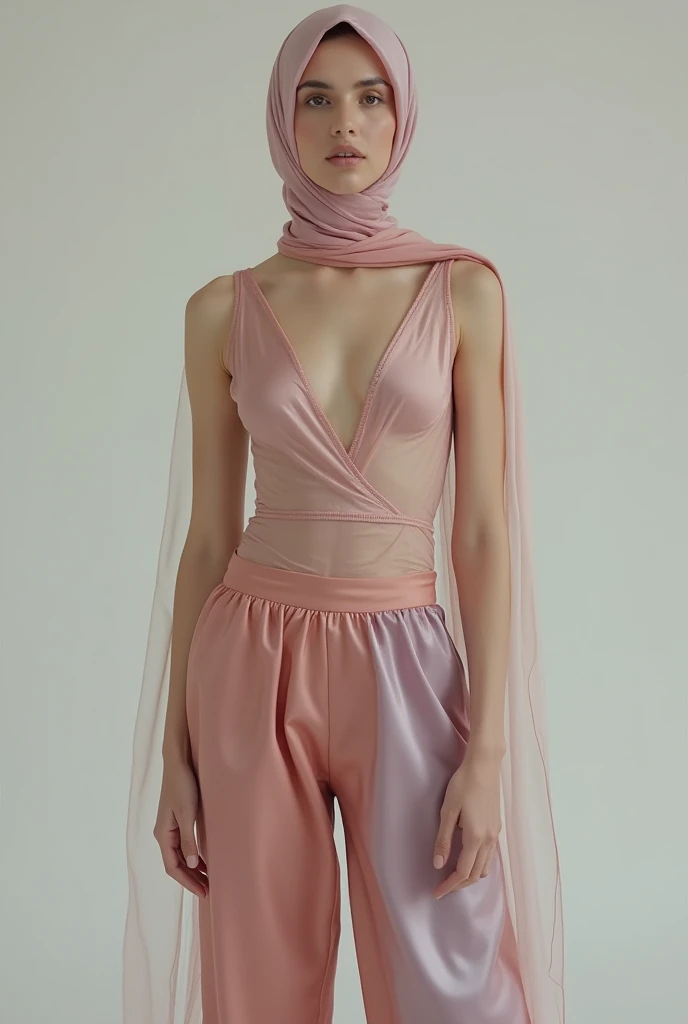 This outfit is designed for Olla Ramlan, featuring a transparent satin mesh bodysuit with a V-neck in soft pastel colors, creating a subtle wet effect. It is paired with high-waisted satin pants that darken when wet, highlighting the body’s shape with a dr...