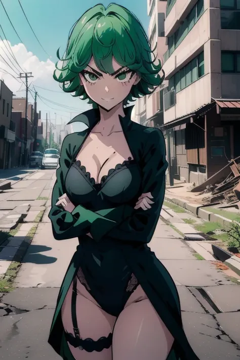 absurdities,  highres icon,  ultra detailed lingerie top, tatsumakitornado,  short green hair ,  curly hair,  black dress, green outdoor lingerie,  city, rubble,  destruction , fire, standing, Pernas afastadas,  arms crossed , cowboy shot, from below,  loo...