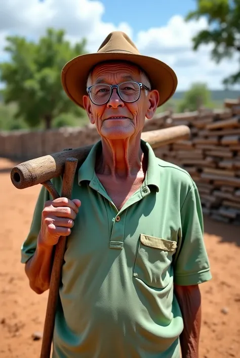 Hyper-realistic, ultra-high-definition portrait of an elderly Brazilian man in a rural setting. The man appears approximately 70-80 years old, standing outdoors with a calm and friendly expression that exudes warmth and resilience. He wears a slightly fade...