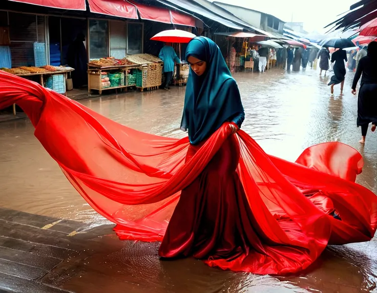 A woman shrouded in a 10-meter-long, plush red transparent cloth, tightly bound and grandly draping along the form of her body, flowing off into a pooled floor-length train, styled in a tight mermaid skirt, her head modestly veiled in a satin hijab, tall w...