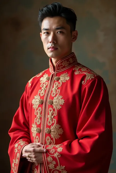 A handsome man, wearing red wedding cloth, 