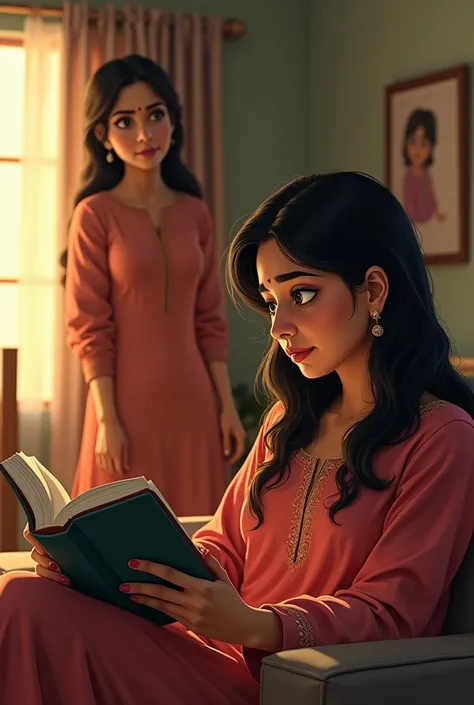 Nisha, wearing a casual kurti, is sitting on a couch with a book in her hand, looking relaxed. Her sister-in-law interrupts her, standing nearby with a smirk on her face, ready to make a remark.
