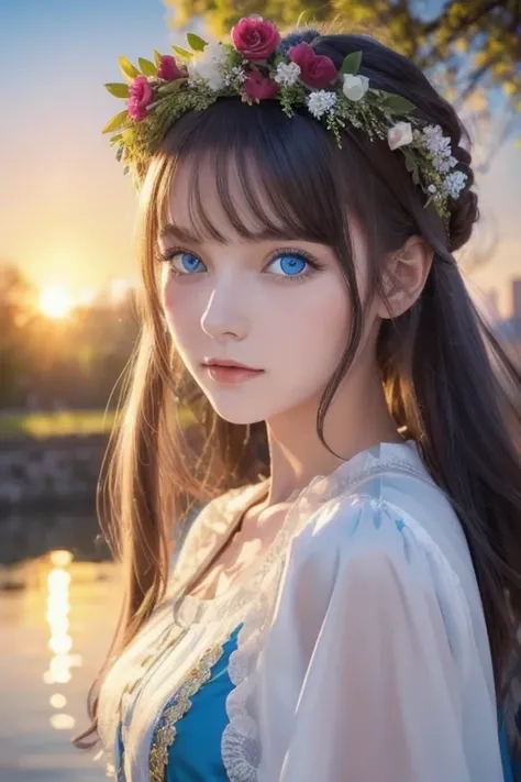 20-year-old woman in Ukrainian costume、Blue eyes with a flower crown on his head、River and blue sky in the background、Afternoon light and sunset realistic illustration