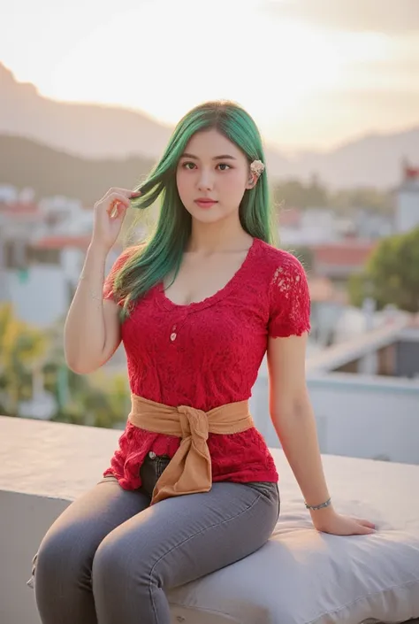 

A beautiful woman with long green hair sits gracefully on a terrace,slightly  fat,dressed in a red t-shirt and gray jeans. She holds her hair with her left hand, a thoughtful expression on her face, while her right hand rests confidently on her hip. Her ...