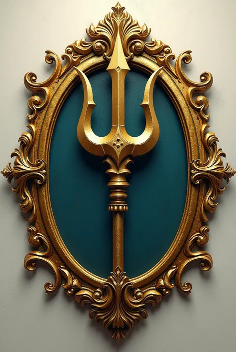 A family emblem with a Poseidon weapon in the center crossed against a gold frame.