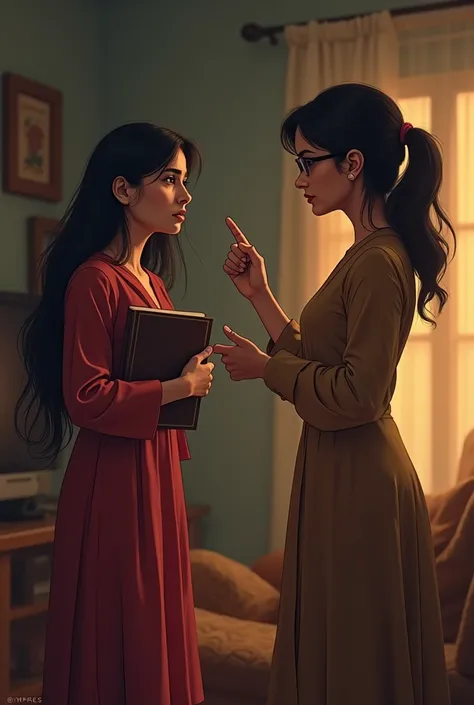 Nisha, holding the book, looks hurt but remains silent. Her sister-in-law, a young and stylish woman with an assertive posture, points a finger at her, making a sarcastic comment