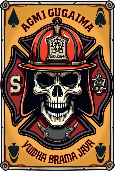  Create a logo for the fire brigade with the name AGNI GAUTAMA with the slogan YUDHA BRAMA JAYA in a card-like style with life-snatching skull elements,fire suit ,hose,lid, fire fighting equipment  