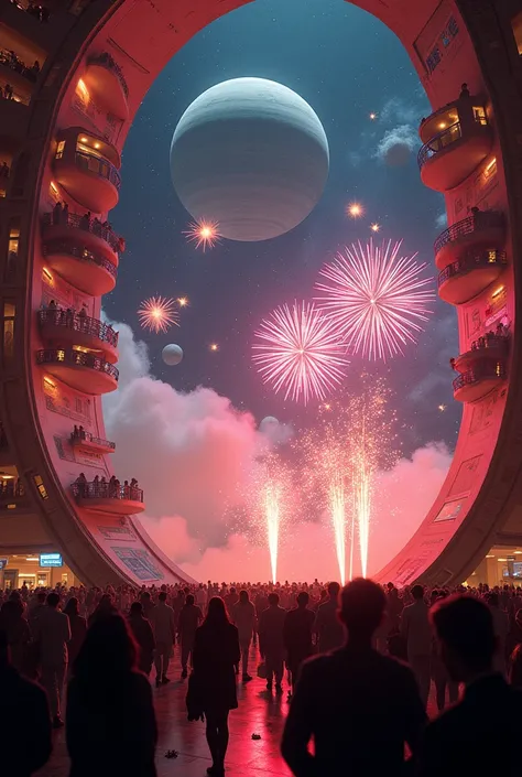 "Happy New Year": From within a space colony, fireworks are being launched; there is a bustling city built on the cylindrical interior of the colony; from inside the space colony, you can see crowds of people watching eagerly as firecrackers within the col...