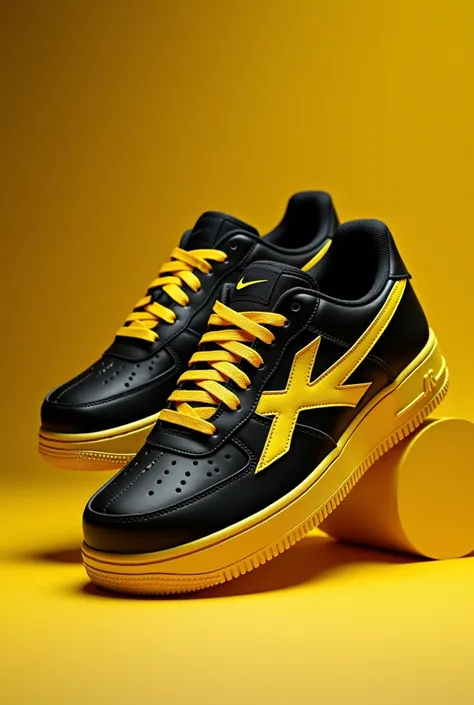  Generate black sneakers with yellow ,  for Air Force 1 ,  with a large yellow X on the side,  yellow lacing , yellow sole .