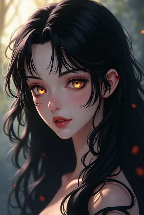 Anime adult vampire woman with long curly black hair and golden eyes and white skin