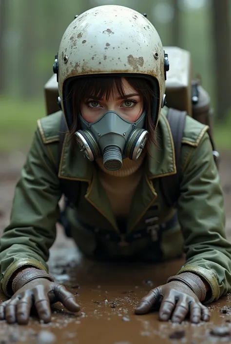 (head to toe) of Head and hair completely hidden, eyes, ears and face by white helmet with goggles (covering her eyes) and light gray fighter pilot oxygen mask (hiding her mouth and nose) with attached bold oxygen hose to yellow air tank on her back (hose ...