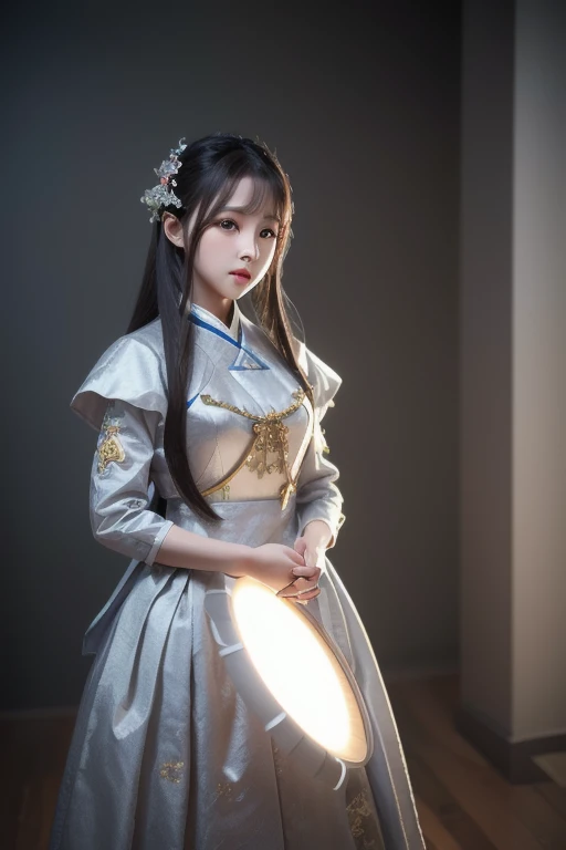 (8k,  RAW photos ,  top quality , masterpiece:1.2), ( realistic, photo- realistic:1.37), 1 girl,   knight ,   PROFESSIONAL LIGHTING ,  photon mapping,  radiosity, Korean Doll, Long traditional costume,  gray background 