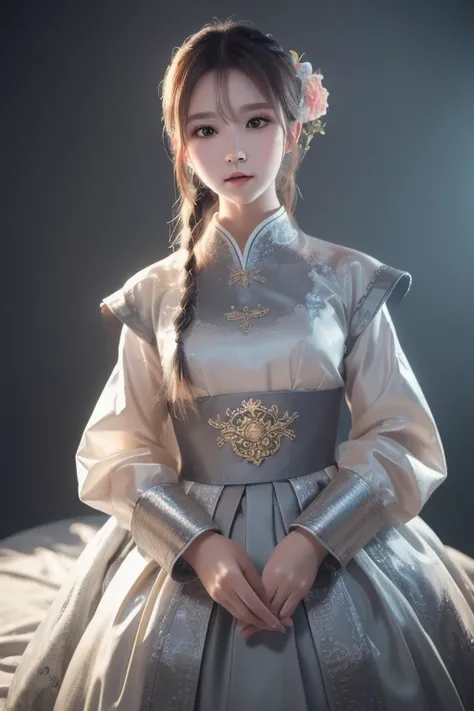 (8k,  RAW photos ,  top quality , masterpiece:1.2), ( realistic, photo- realistic:1.37), 1 girl,   knight ,   PROFESSIONAL LIGHTING ,  photon mapping,  radiosity, Korean Doll, Long traditional costume,  gray background 