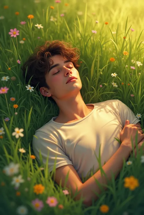 A young man sleeping in a bed of grass comfortably