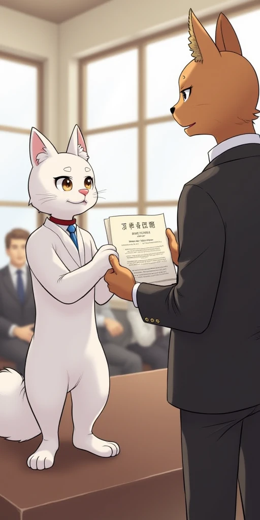 Characters: The white-furred humanoid cat is receiving a certificate or diploma from another humanoid cat with brown fur and short hair, dressed in a formal suit and tie.
Background: A formal ceremony setting with large windows letting in daylight. The spa...