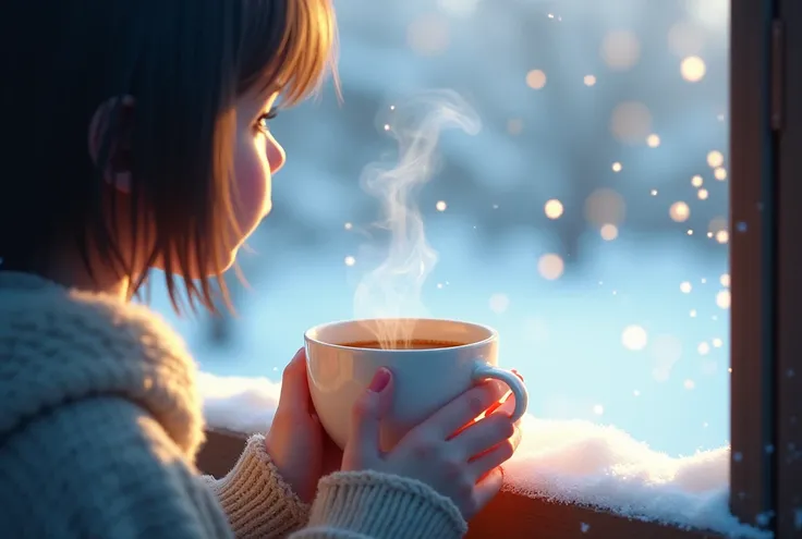 Smooth image quality ,  Close up of hands drinking coffee near a window. Its snowing outside the window,  cozy and contemplative atmosphere.  best image quality, Soft Scenery .  Snowy scenery outside the window .  I cant see my eyes by the window. Pretty w...