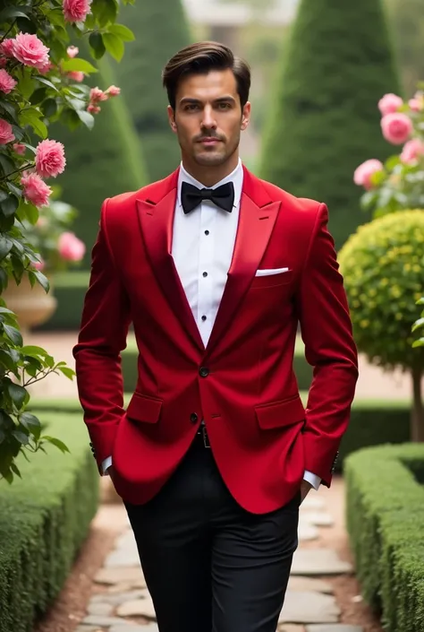 A handsome young man, wearing a red tuxedo, background in garden