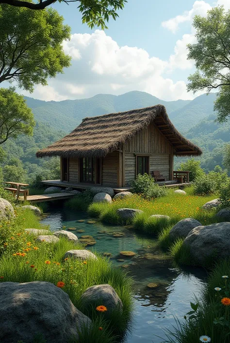 " A survival house just enough for one person ,  perched on an open high position with a view of rolling hills in the distance .  Small but cozy house ,  built with natural materials such as wood and stone ,  which gives a rustic yet sustainable feel .  Ba...