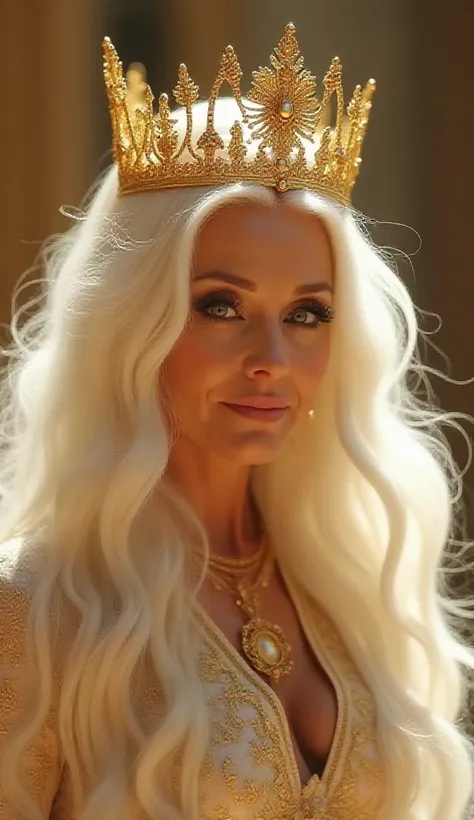 Create an image of a majestic goddess in her 50s with long, flowing white hair, slightly looking downward at an angle. She wears a golden crown, radiating elegance and power. Her expression is serene yet commanding, embodying the wisdom and grace of an old...