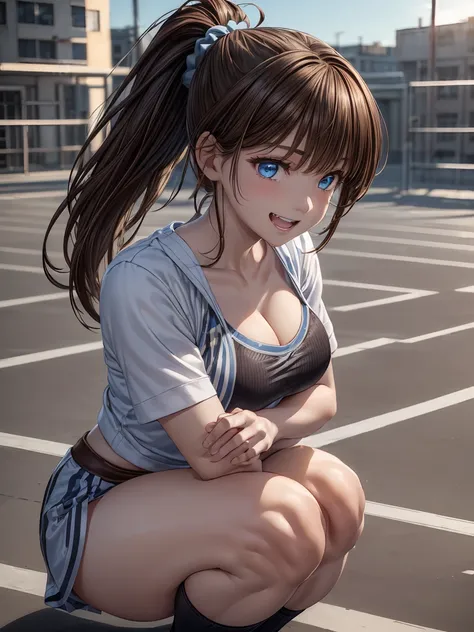  top quality , 32K,  RAW photos ,  Amazingly Realistic ,  very detailed,  Texture, (( brown hair、 Ponytail:1.2)), ((Azure Eyes:1. 4)),  shiny hair, Thick bangs,  intricate detail face , (( show your white teeth and laugh : 1. 2)),  beautiful and exquisite ...