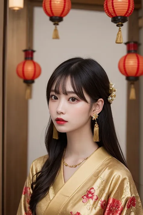 "A photorealistic portrait of a young woman with long straight black hair, styled elegantly, wearing traditional Japanese-inspired attire. The outfit features vibrant red and gold colors with intricate floral patterns. She is adorned with an ornate hairpie...