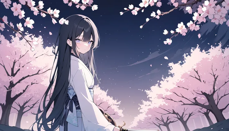  kimono,Sword, beautiful black hair, long hair,Sharp Eyes, high quality background,nightcherry blossoms,cherry blossoms,night,Date,Exquisite Eyes, pastel color,A light touch,Light color,Illust