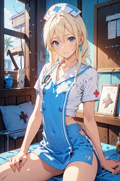 Island Breeze、Blonde, ( blue eyes:1.5), 
break　(nurse:1.5)
break pool,朝日 
break looking at viewer, ( cowboy shot:1.5), 
break (masterpiece:1.2),  top quality ,  high res,  Unity 8K Wallpaper  , ( illustration:0.8), ( beautiful detailed eyes:1.6),  Extremel...