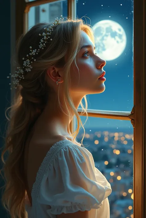 A blond beautiful woman, looking at the stars at the moonlight, facing a window, beautiful and bright