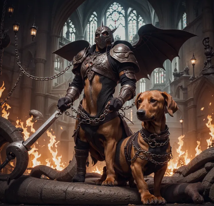 Foreground: Sausage dog on thick chain held by midground: powerful medievil paladin background: gothic architecture