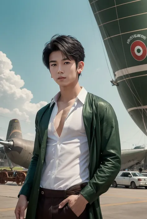 Handsome Asian boy ,  with pierced ears ,  wearing long pants and white shirt from the year 1840 dark green,  Half open shirt ,  black hair and a small red crescent on his forehead ,  green eyes,  modern mullet haircut ,  in front of an old brown airship ,...