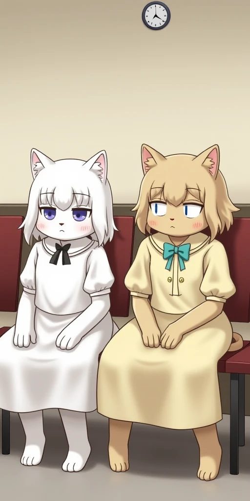 Characters: Two humanoid cats, one with white fur and the other with light brown fur, both wearing modest, pastel-colored dresses. They are sitting with their hands folded in a waiting area.
Background: A simple room with a wall clock visible in the backgr...