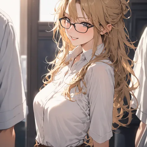 masterpiece, highest quality, Messy Hair, White clothes, Glasses,arms behind back,focus face,smile,princess Zelda,